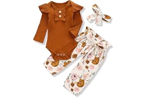 Kislio Newborn Baby Girls Clothes Ribbed Ruffled Romper+Floral Pants+Headband Infant Outfit Set