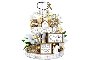 FairySandy 15 Piece Easter Tiered Tray Decor Set He is Risen Jesus Wood Sign Farmhouse Rustic Religious Tiered Tray Ornament Wood Table Centerpieces with Christian Cross Sign Easter Decor