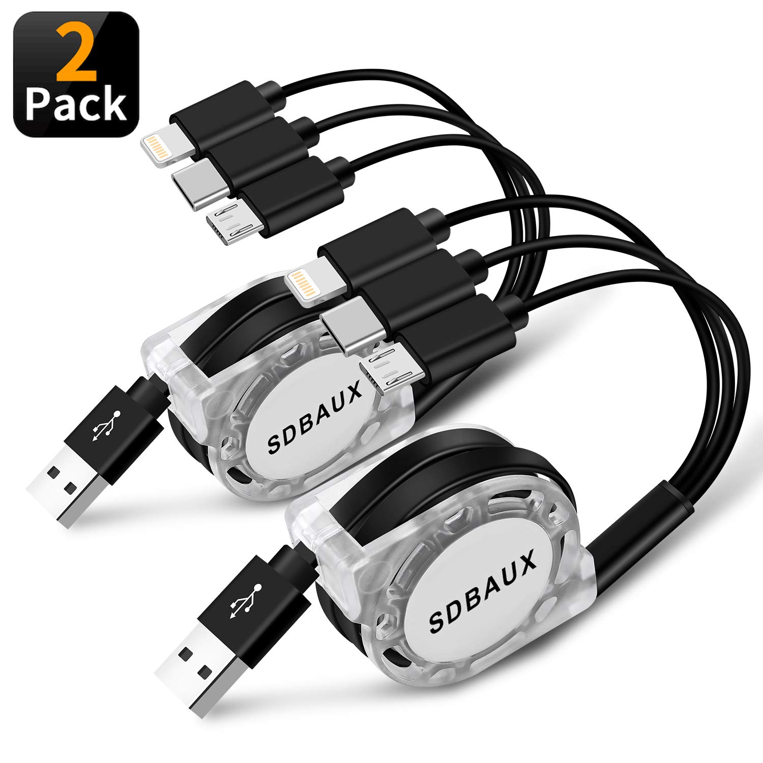 SDBAUX Multi Charging Cable 3A 2Pack 4ft 3 in 1 Retractable Charging Cord Multi USB Cable Fast Charger Cord Adapter with IP/Type C/Micro USB Port for Cell Phones/Samsung Galaxy/Tablets and More
