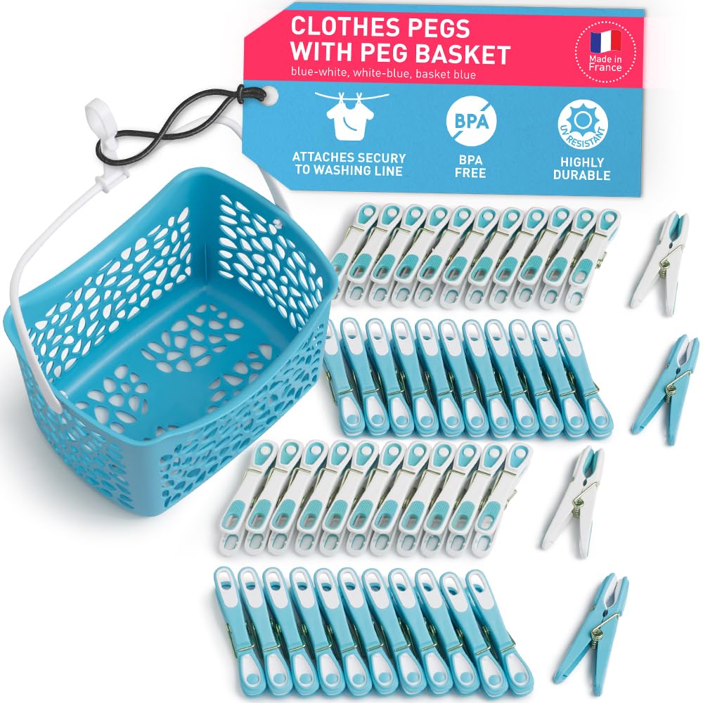 culiclean Clothes Pegs for Washing Line – Clothes Pegs and Bag Set with Peg Basket – Washing Pegs and Basket with Hanger – 48 Pegs and 1 Holder – Eco blue-white/blue basket
