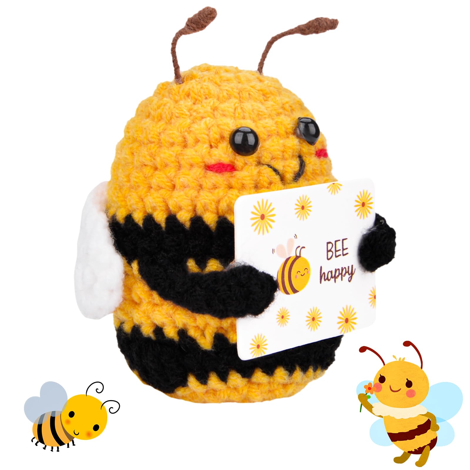 Vibbang Funny Positive Bee, Mini Crochet Bee Positive, Good Luck Gifts Bee Crochet Worry Dolls, Pocket Hug Bee, Affirmation Card Encouragement Novelty Gift for Kids Party Decoration