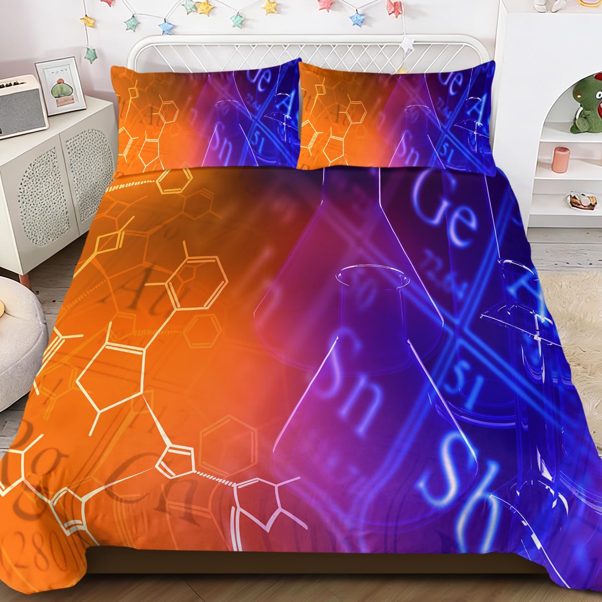 BlessLiving Chemical Formula Symbol Bedding 3D Science Lab Pattern Themed Bed Set 3 Piece Funny School Duvet Cover for Dorm Room Orange Purple and Blue (Double)