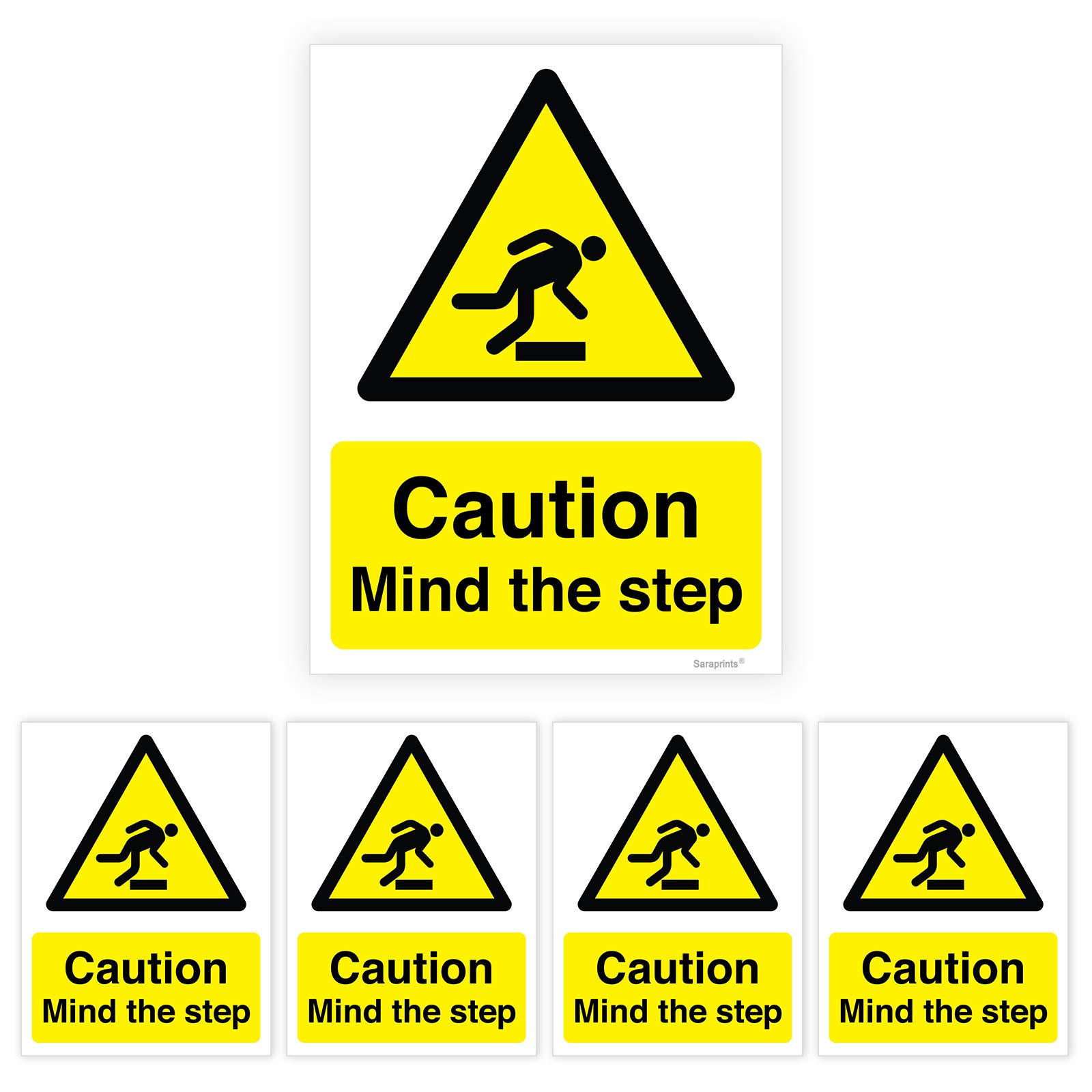Pack of 5 Caution Mind the Step Stickers (200 x 150 mm) Self Adhesive Waterproof Mind the Step Sign Sticker for Surface Sara Prints®