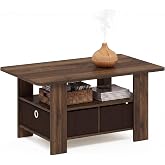 Furinno Andrey Coffee Table with Bin Drawer, Columbia Walnut/Dark Brown | 2x Bin Drawers, Soft-Corner, Small Rectangular Side Table for Living Room, Bedroom, Home Office