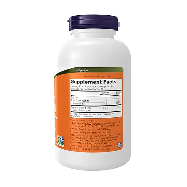 NOW FOODS SUPPLEMENTS, INULIN PREBIOTIC PURE POWDER, CERTIFIED ORGANIC, NON-GMO PROJECT VERIFIED, INTESTINAL SUPPORT*, 1-POUND