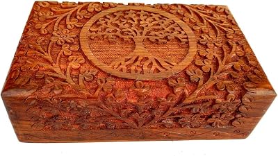 Ajuny Tree of Life Wooden Keepsake Box Handcarved Jewelry Storage 8x5