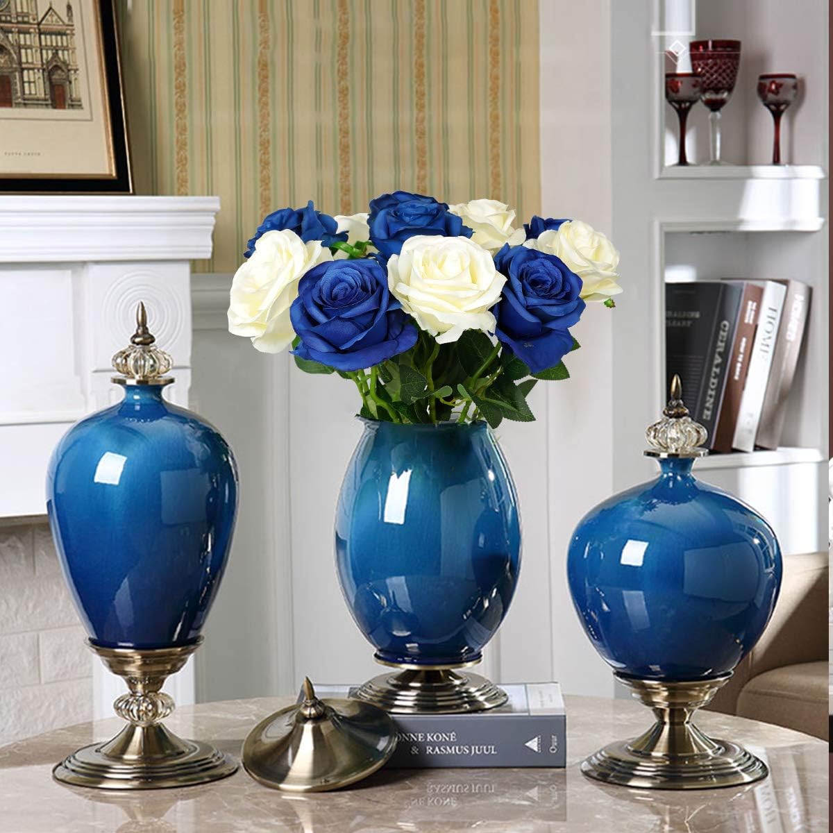 Floralsecret 12 Pcs Artificial Silk Rose Flower Bouquet Faux Flowers(White&Blue), 10.16 cm x 50.8 cm x 8.89 cm - Image 3