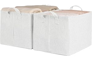 StorageWorks Storage Bins, Fabric Storage Bins for Shelves, Large Storage Baskets with Metal Frame, Closet Baskets and Bins with Handles, Gray and White Stripes, 2-Pack