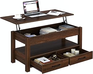 Rolanstar Coffee Table, Lift Top Coffee Table with Drawers and Hidden Compartment, Retro Central Table with Wooden Lift Tabletop, for Living Room, Espresso