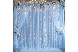 10ft x 7ft Blue Sheer Backdrop Curtain with Lights String, Wrinkle Free Tulle Curtain Backdrop Drapes for Wedding Birthday Ba