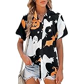 Women Halloween Hawaiian Shirt Skull Floral Ghosts Print Button Down Shirts Holiday Short Sleeve Tops