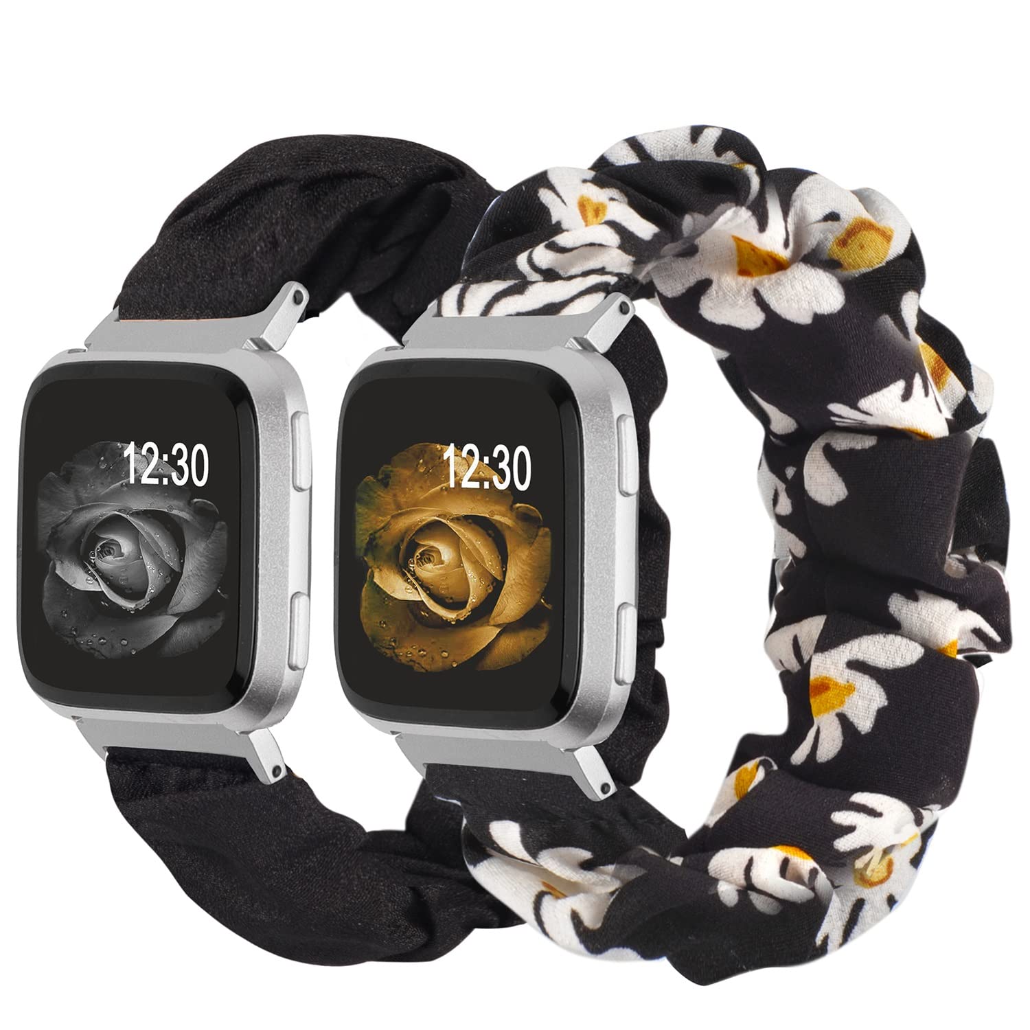 Wearlizer Straps Compatible with Fitbit Versa/Versa 2/ Versa Lite/Versa SE for Women, Elastic Watch Strap Scrunchie Wristband Replacement Band for Fitbit(Black/White Floral, S) — image 1