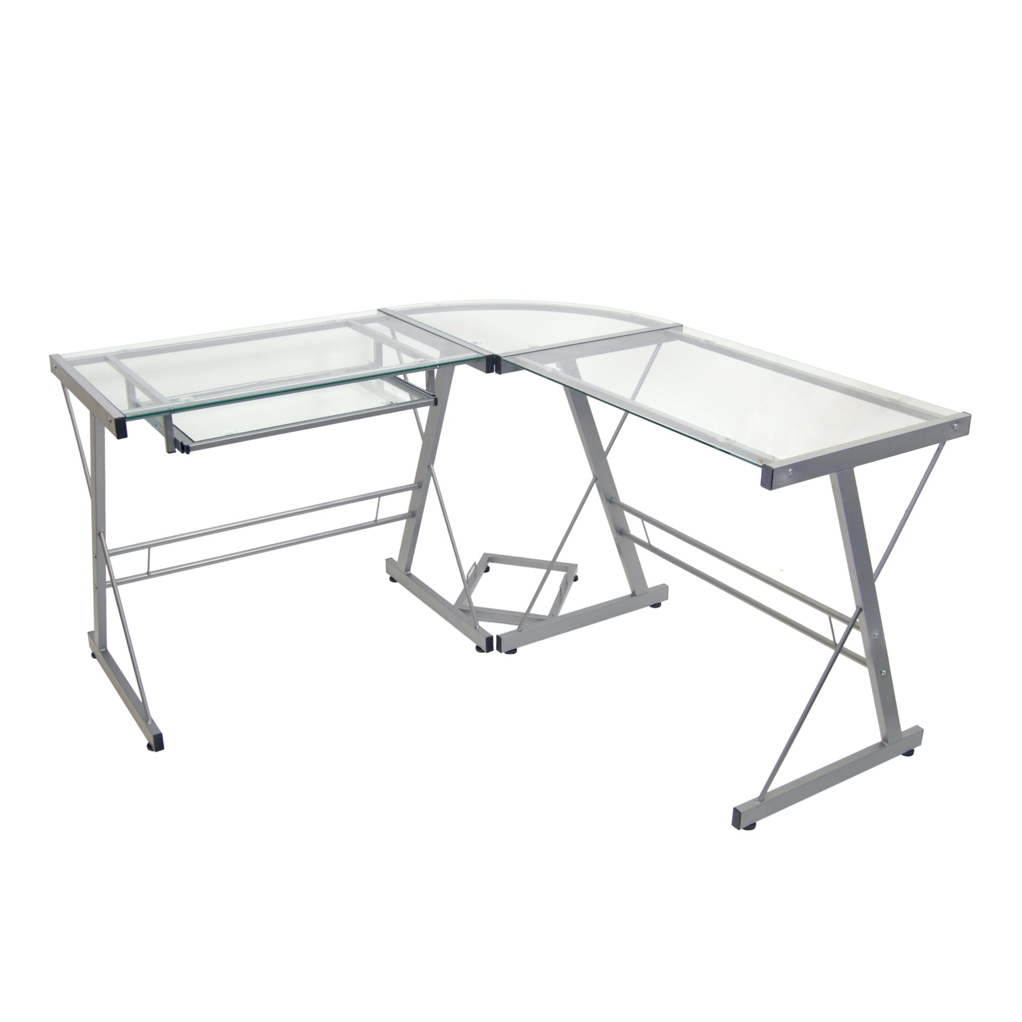 Eden Bridge Designs Computer Desk Modern Laptop Study Desk with Shelves for Home Office Soreno Metal Corner Desk, Glass, Silver, 3-Piece