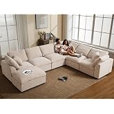 VEPXXP Oversized Modular Sectional Sofa, 7 Seater Cloud Couch with Ottoman | 130" Beige, Large U Shaped Convertible Corner Sofa In Chenille Fabric, Solid Wood Frame, for Spacious Living Room