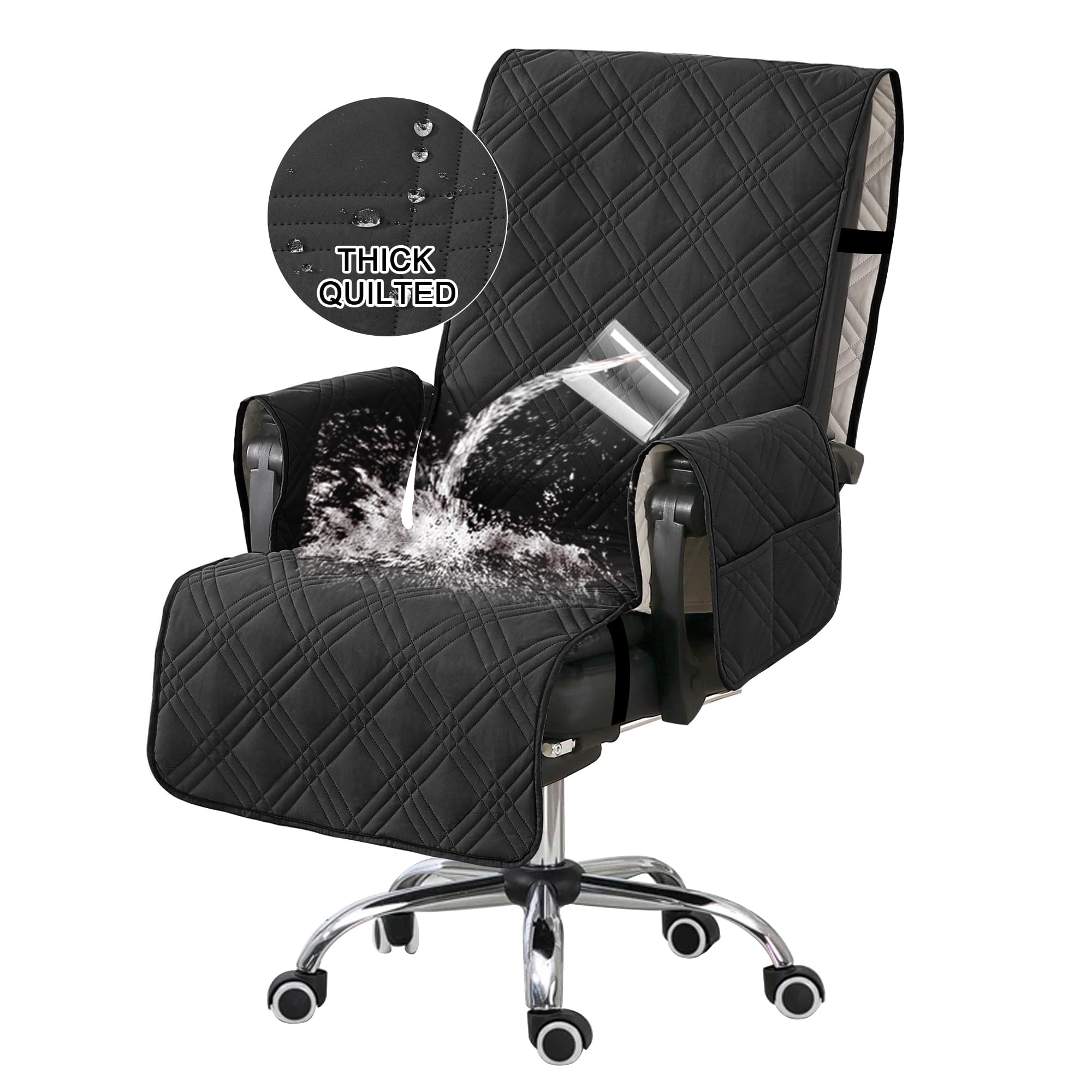 Photo 1 of Turquoize Waterproof Office Chair Cover with Armrest Covers Black Computer Desk Chair Cover Quilted Office Chair Protector with Arms Office Chair Seat Cover Slipcover with Anti-Slip Buckle, Black