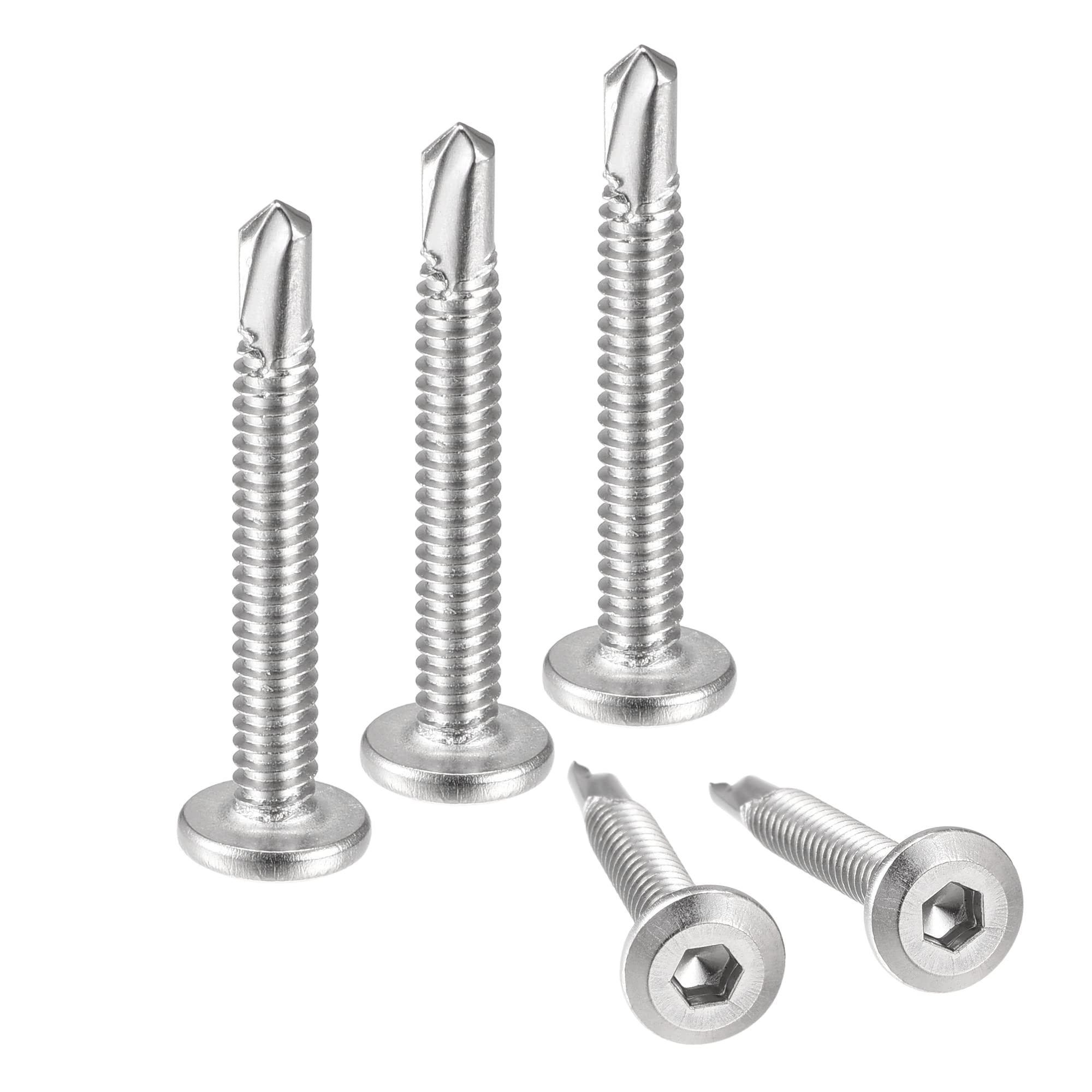 sourcing map Hex Socket Self Tapping Screws, #10 x 1-1/2" 410 Stainless Steel Sheet Metal Flat Head Drilling Screw 50pcs, Silver