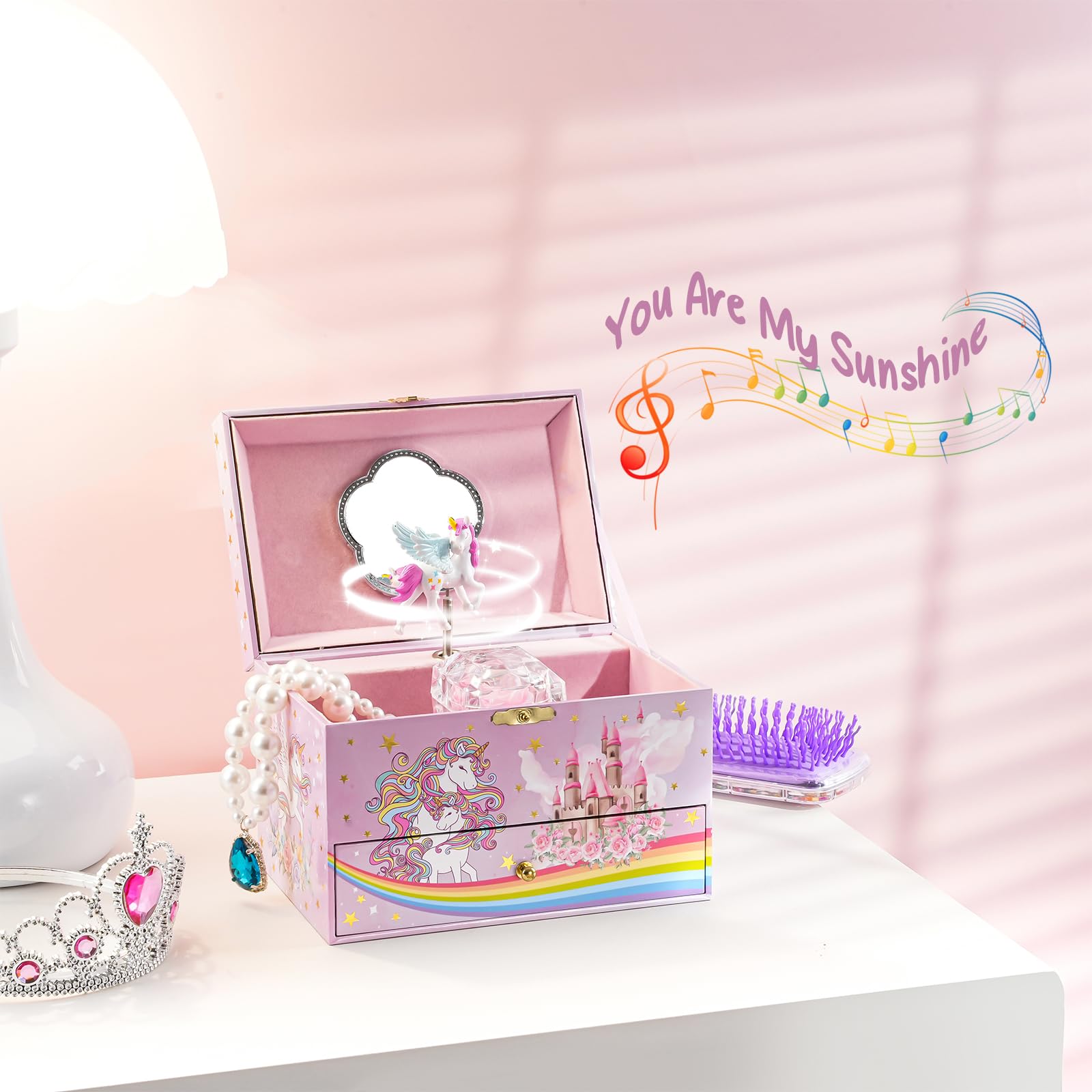 ProCase Children's Jewelry Box, Kids Jewelry Organizer with Unicorn for Little Girls, Jewelry Case Gift for Toddler Age 2 3 4 5 6 7 8 -Sunshine