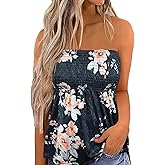 SZSMFZ Womens Smocked Strapless Bandeau Tank Tops Floral Tube Tops Backless Bandeau Tunic Tops Sleeveless Shirts