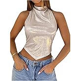 SHENHE Women's Shiny Metallic Open Back Halter Neck Draped Asymmetrical Sexy Party Crop Top