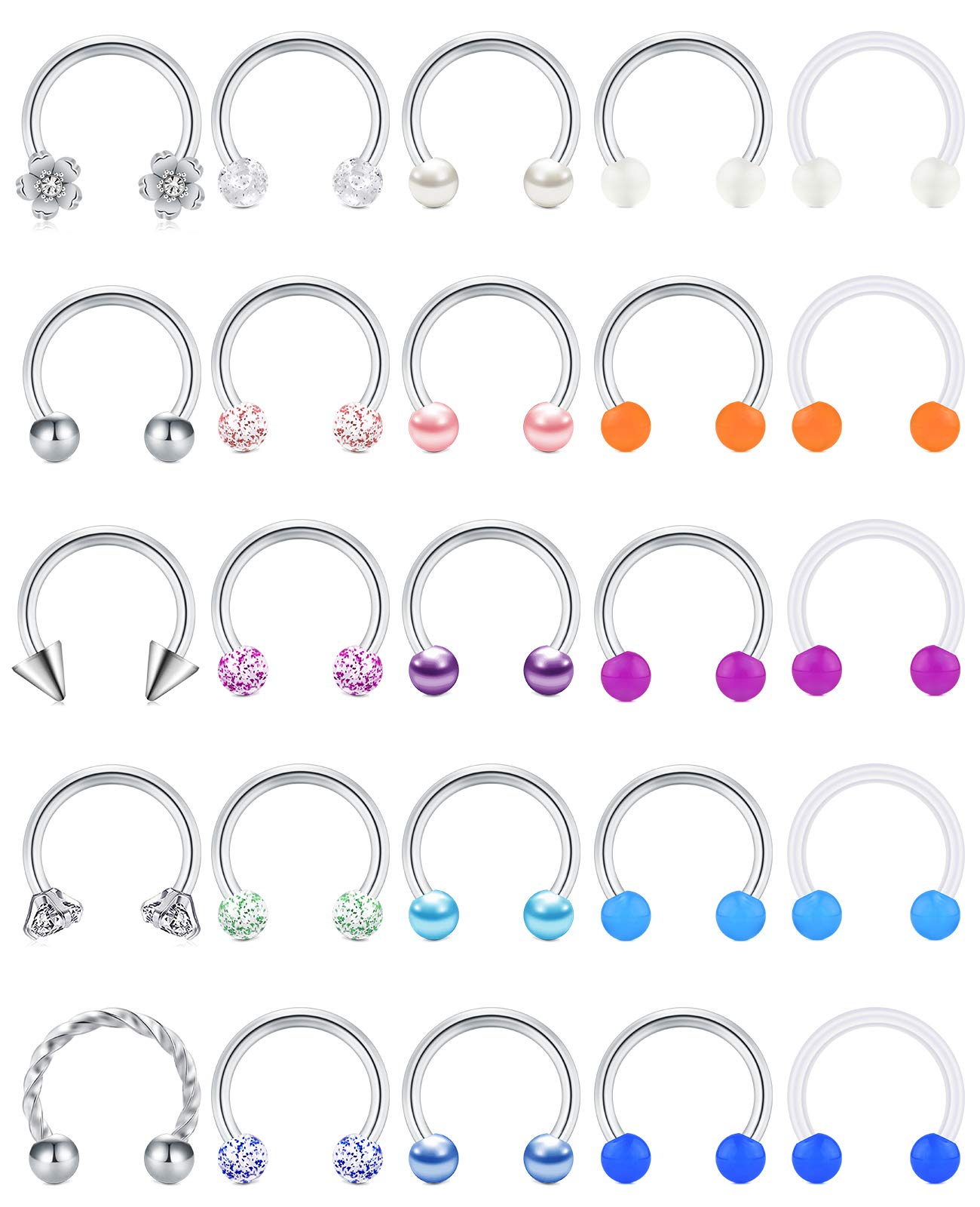 JFORYOU 16G Septum Piercing,Stainless Steel Horseshoe Hoop Circular Barbells Earrings 25Pcs Cartilage Helix Lip Rings Flexible Retainer Piercing Jewelry 10mm