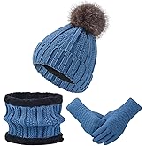 Women's Winter Hat Scarf Gloves Set (3PC), Thermal Fleece Lined Beanie Touchscreen Gloves Knit Neck Warm for Teens to Adults