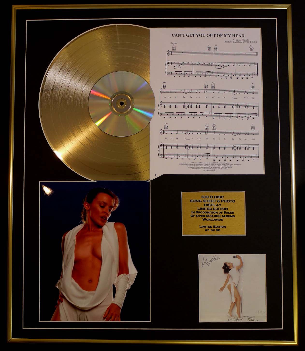 KYLIE/CD GOLD DISC, SONG SHEET & PHOTO DISPLAY/LTD. EDITION/COA/ALBUM, FEVER/SONG SHEET, CAN'T GET YOU OUT OF MY HEAD