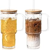 SIPBYSOP 26 oz Water Ripple Glass Tumbler with Handle Lid and Straw, 2 Pack Large Iced Coffee Cups,With Bamboo Lid,for for Hot & Cold Beverages, Smoothies, Tea and Juice, Dishwasher Safe