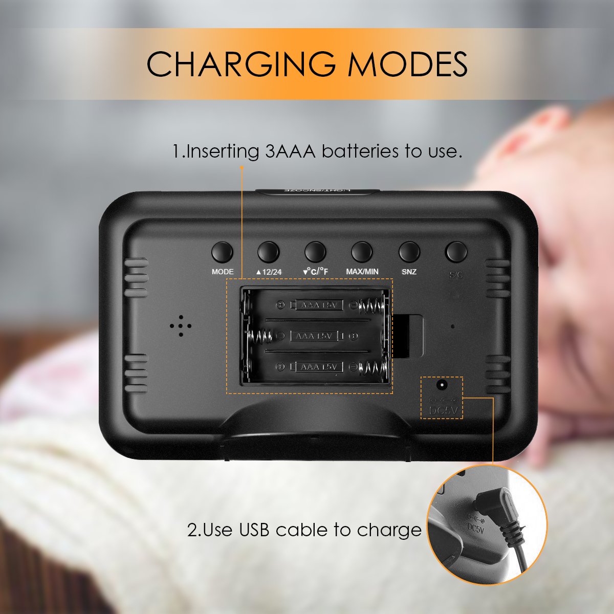 Temperature Monitor, GLISTENY Thermometer Hygrometer Gauge with Digital Clock and Alarm Clock, Calendar, Voice Control Backlight, LCD Screen Indoor Temperature and Humidity Monitor