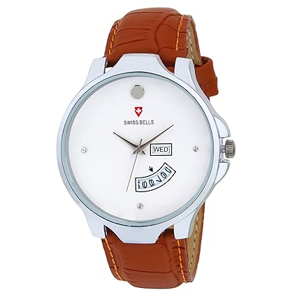 Svviss Bells Original White Dial Tan Brown Strap Studded Day and Date Chronograph Wrist Watch for Men - TA-1035