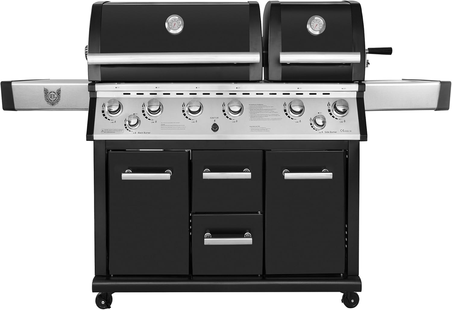 MAXXUS Gasgrill BBQ Chief Kronos 6+1 - Grillwagen mit Infrarot Backburner, 2 Grillkammern, 6 Edelstahl-Brenner, Seitenbrenner, Motor Drehspieß