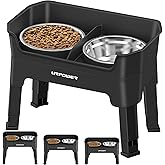 URPOWER 3-in-1 Elevated Dog Bowls - Mess Proof Double Deck 4 Height Adjustable Raised Stand with 2 Stainless Steel Food Bowls & Licking Plate for Small, Medium & Large Dogs