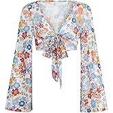 Verdusa Women's Boho 70s Tops Tie Front Bell Long Sleeve Floral Print Mesh Sheer Blouse Crop Tops