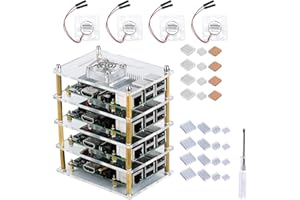 GeeekPi Cluster Case for Raspberry Pi 4 With Cooling Fan and Heatsink - 4 Layers Acrylic Stackable Rack for Pi 3B+/3B (Clear)