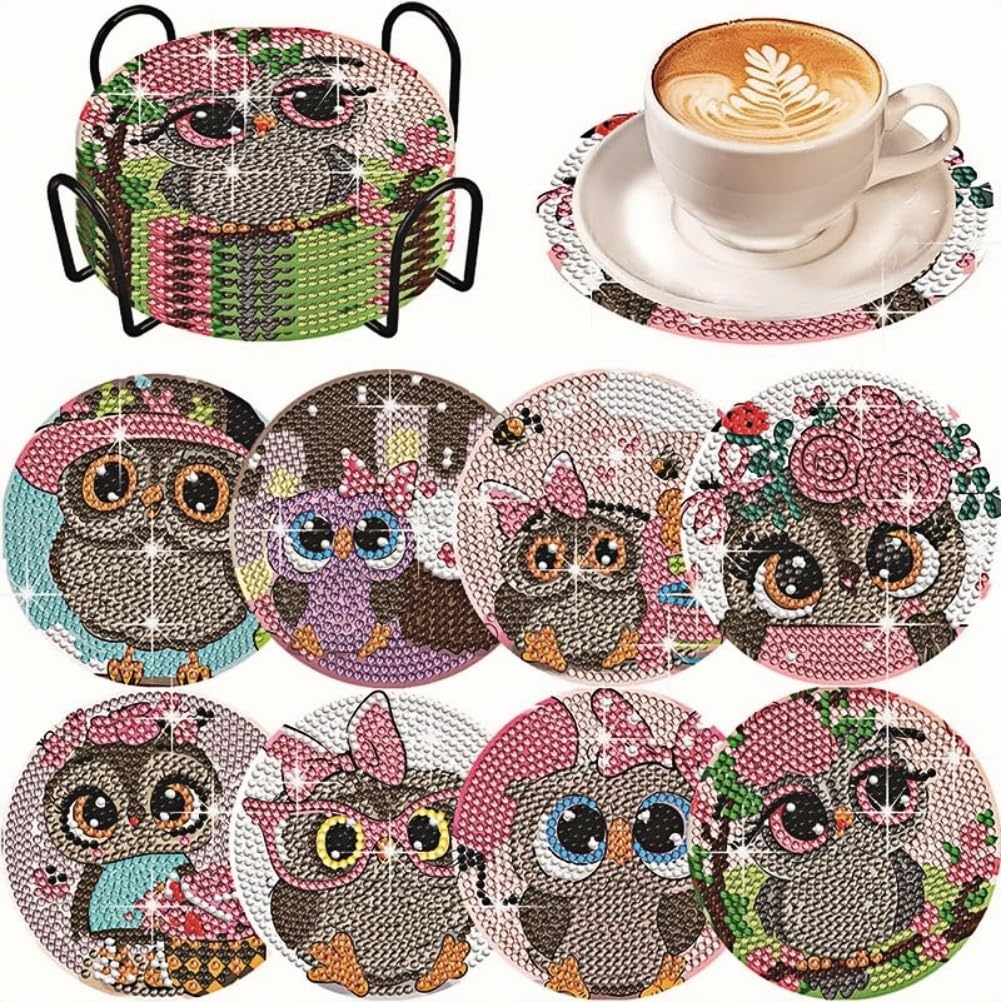 WOWDECOR DIY Diamond Art Coasters to Make Set of 8 with Holder, 5D Cute Owl Diamond Painting Coasters Kits Crystal Art for Car Cups Drinks Home Bar