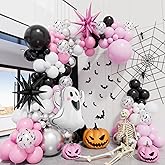 Halloween Balloon Arch Garland Kit – 129 Pcs Pink Black Silver and White Balloons with Foil Ghost & Star Balloons for Girls Halloween Birthday Party, Spooky Photo Backdrop Supplies