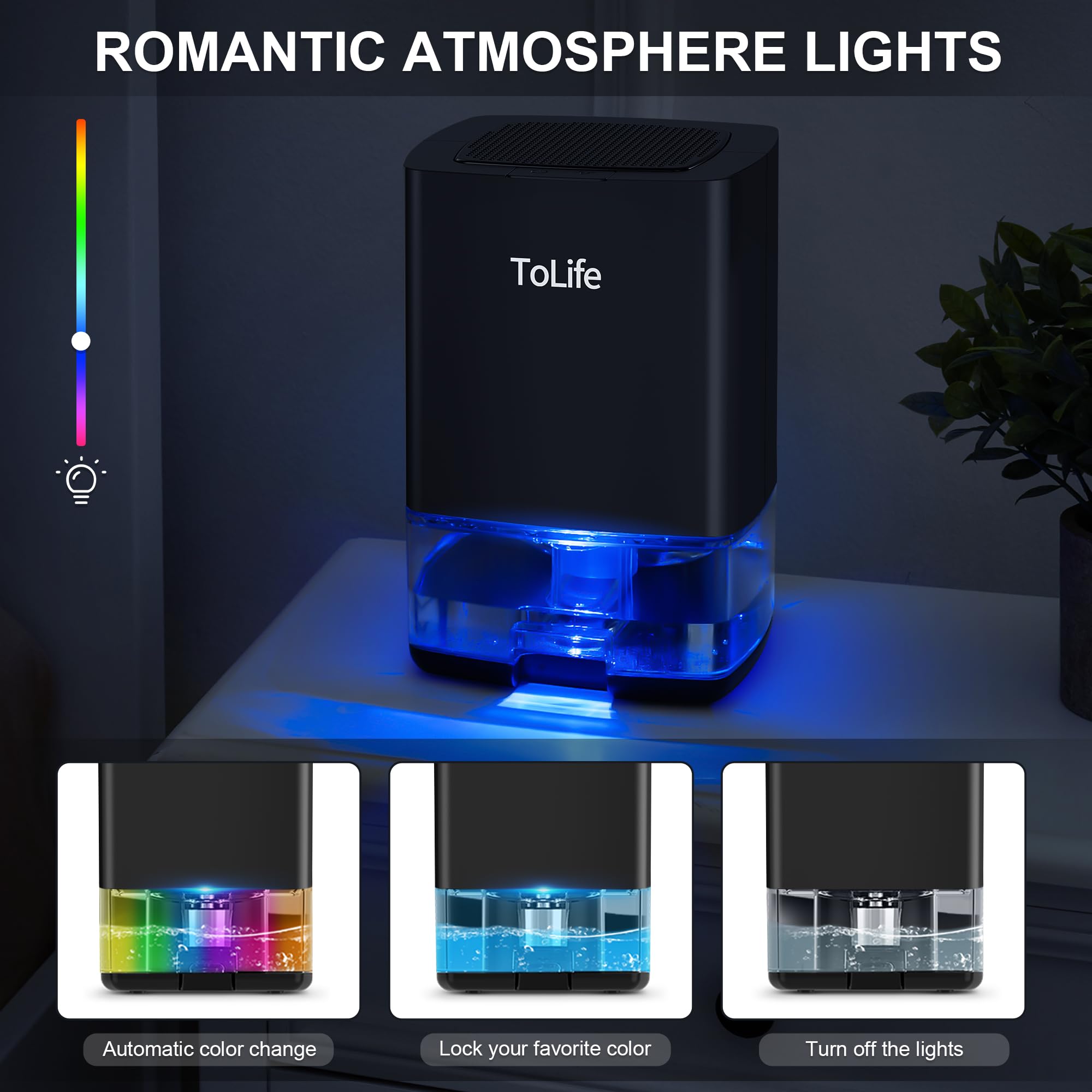 ToLife Dehumidifiers for Home 30 OZ Water Tank with Auto-Off 500 sq.ft Portable Small Dehumidifier for Bathroom Bedroom RV Closet Room 7 Colors LED Light, Black