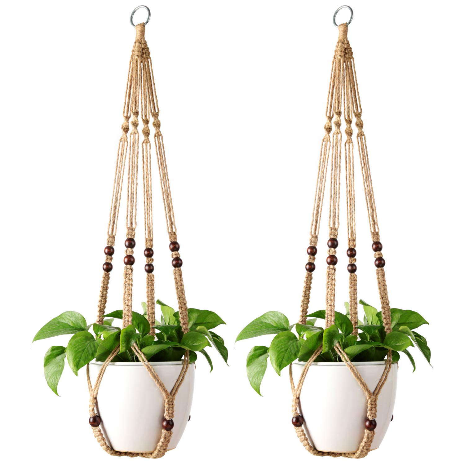 Photo 1 of Mkono Macrame Plant Hanger Indoor Jute Hanging Planter Basket with Wood Beads Decorative Flower Pot Holder No Tassels for Indoor Outdoor Boho Home Decor 35 Inch, Brown, Set of 2 (POTS NOT Included)