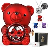 Rose Bear Teddy with Necklace Gift Box for Girlfriend, Cute Forever Flower Bear Preserved Rose Romantic Gift for Her, Valentines Bear Eternal Rose Flower Bear Anniversary Decoration for Woman Mom, Red