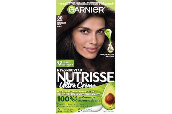 GARNIER Nutrisse Cream, Permanent Hair Colour, 30 Intense Dark Brown, 100% Grey Coverage, Nourished Hair Enriched With Avocad