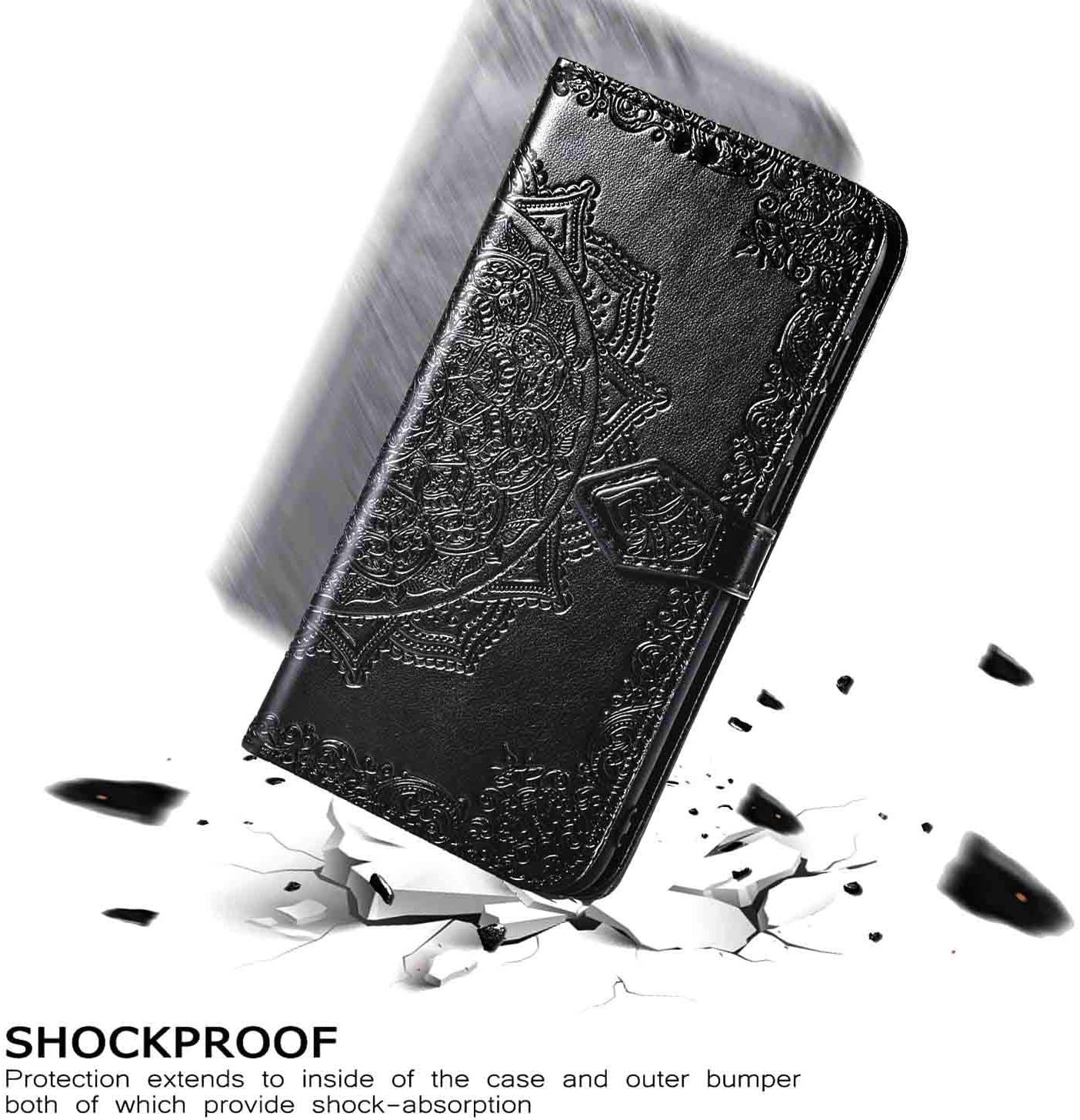 iEugen Compatible with iPhone 12 & iPhone 12 Pro Case,3 Card Slots,1 Note Pockets,Kickstand,Mandala Flower Embossed,Double Magnetic Clasp,Luxury PU Leather Wallet Case Flip Folio Cover,Black