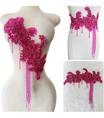Handmade Bodice Lace Applique With Rhinestones & Beads - 7.4x13.7 Inch Sewing Patches For Wedding Dresses