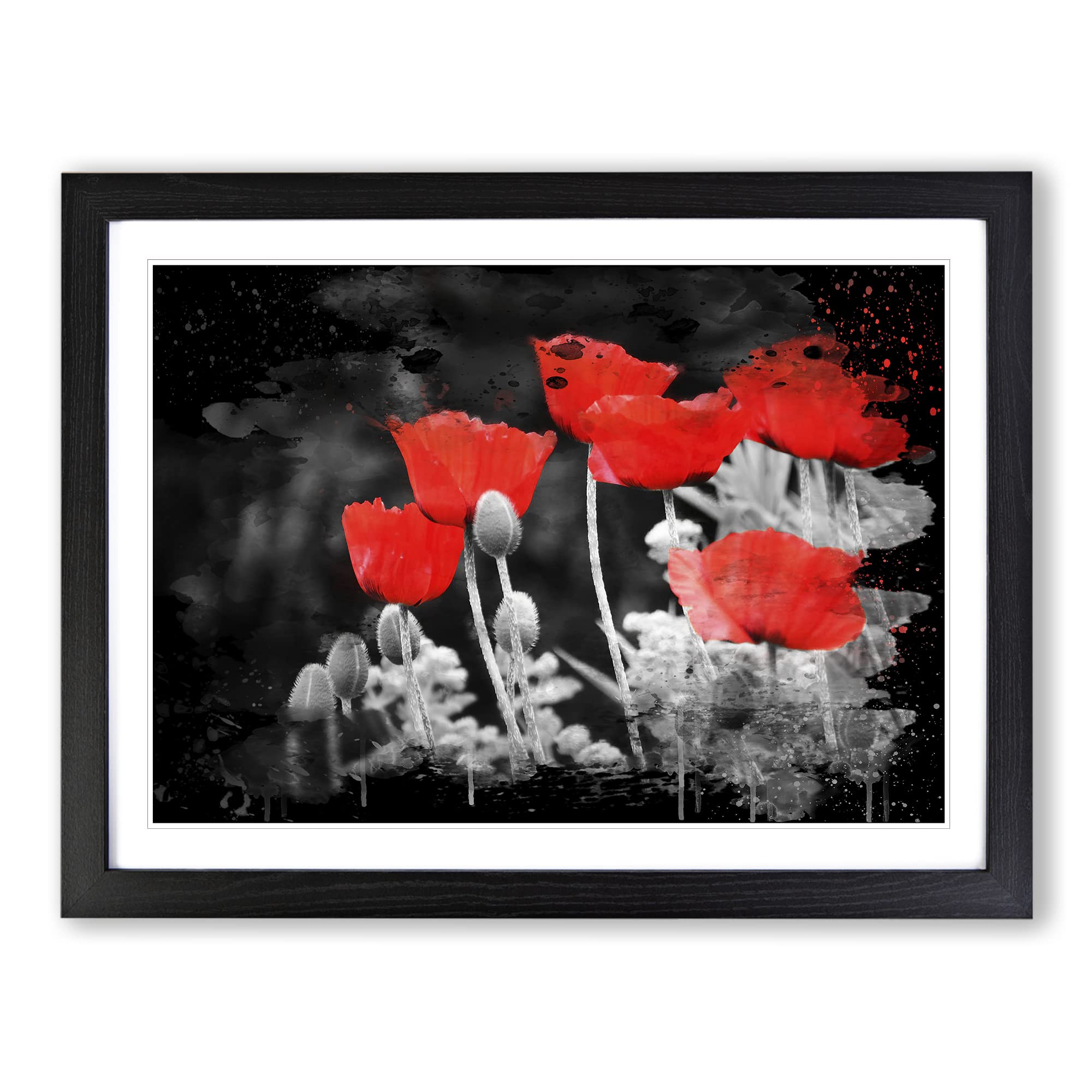 Red PModern OPpy Field Flowers No.7 Modern CB Framed Print | A4 Black Framed Wall Art | Ready to Hang | Modern Floral Picture | Living Room Bedroom Lounge Office