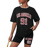 CRISONE Girls Clothes Summer Outfits Graphic Letter Print Tee Shirt + Biker Shorts 2Pcs Clothing Set 7-16T