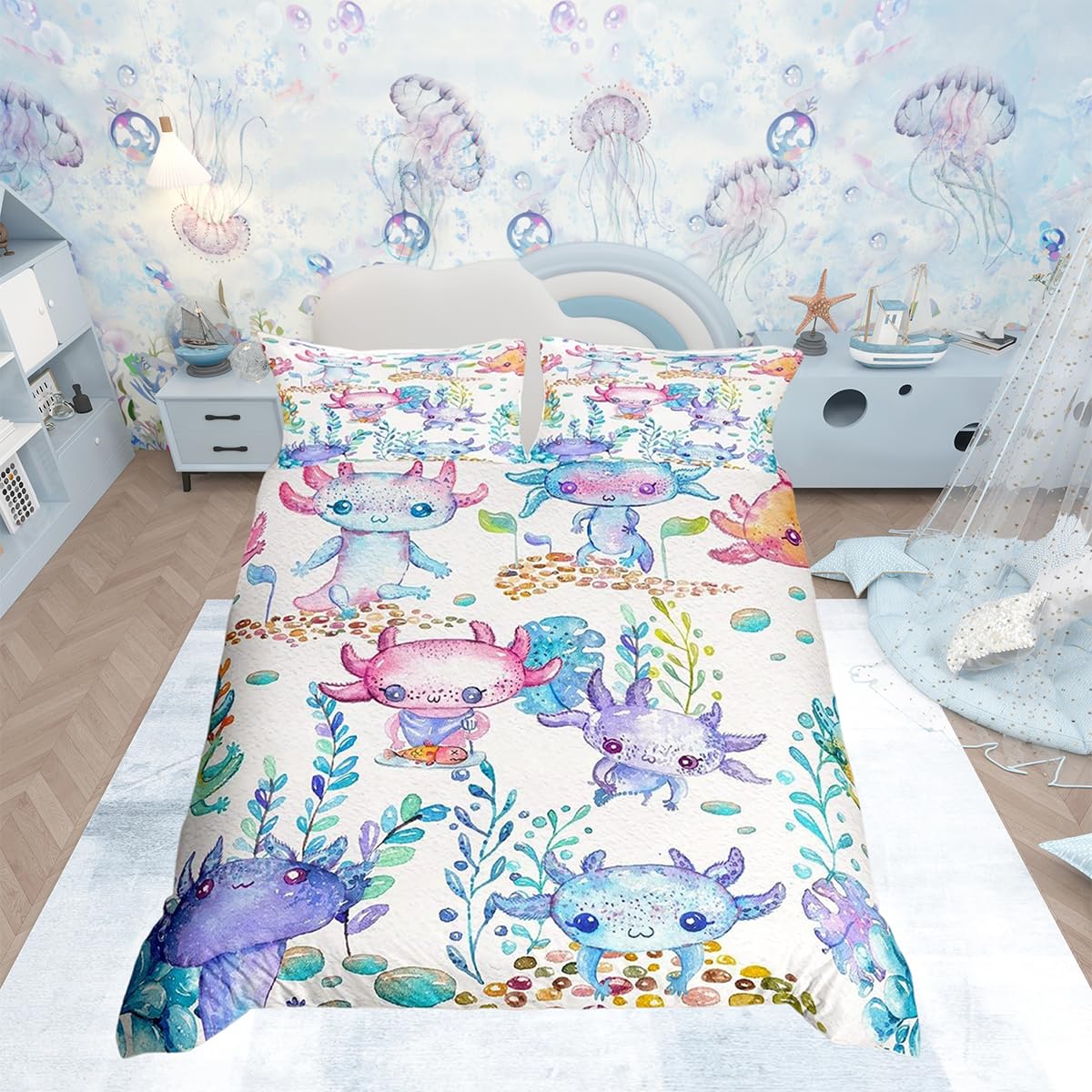 Cartoon Axolotl Bedding Set Kawaii Axolotl Comforter Cover for Kids Boys Girls Teens 3D Animals Duvet Cover Breathable Salamander Watercolor Bedspread Cover Quilt Cover Single Size