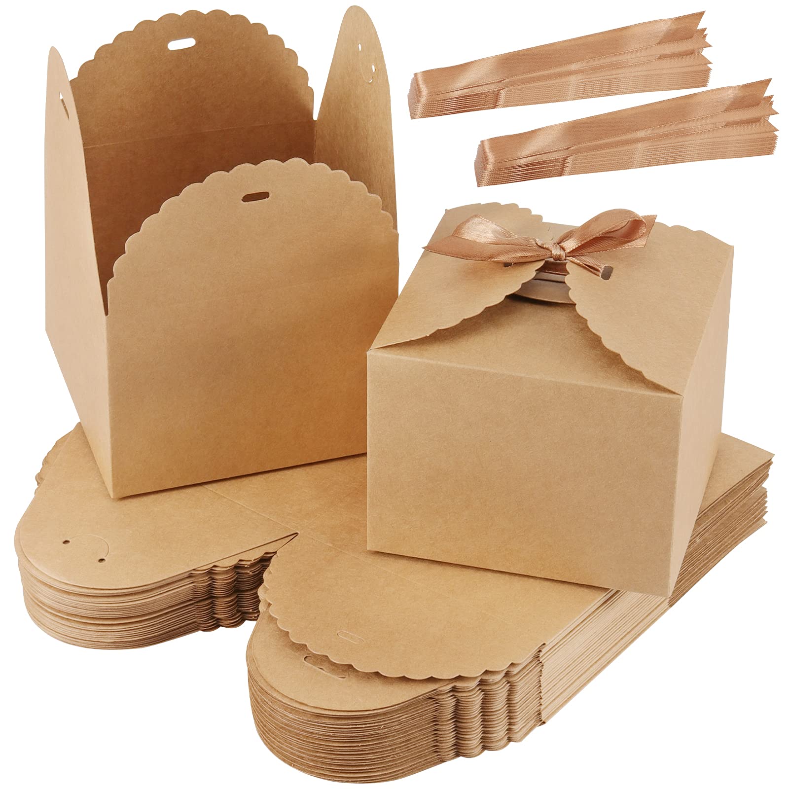 SEUNMUK 30 Pack Brown Gift Boxes with 30 Ribbons, 12 x 12 x 9cm Elegant Kraft Paper Gift Boxes for Birthday Party, Weddings, Weddings