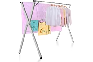 BQKOZFIN Clothes Drying Rack, 1.5M Retractable Stainless Steel Clothes Drying Rack with 20 PP Windproof Hooks Space Saving He