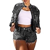 NATRUNSOO Denim Short Sets Women 2 Piece Outfits Long Sleeve Zip Up Cropped Jacket Raw Hem Skinny Jean Shorts Set