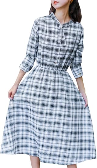 Amazon Loovoo ワンピース 森ガール ロングワンピース チェック柄 綿 麻 ゆったり 長袖 体型カバー 着痩せ 春 夏 秋 コート ジャケット 通販