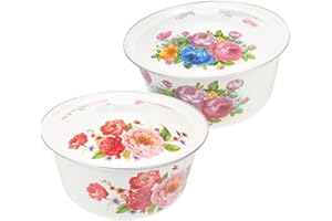 LALADEFIEE Filling Mixing Bowl Enamel 2Pcs 24Cm with Lid Multipurpose Vintage Kitchen Storage Container