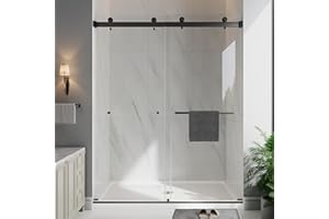EASYWORC Shower Glass Door, 55-60" W x 76" H Frameless Double Sliding Shower Doors, 1/4" (6mm) Thick ANSI Certified Tempered Glass with Explosion-Proof Film and Nano Coating, Matte Black